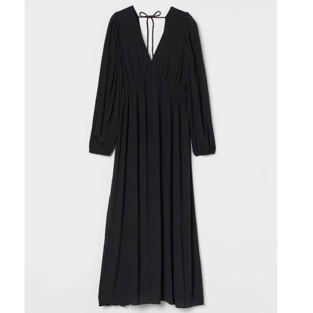 H&M Deep V-Neck Balloon Long Sleeve Pleated Midi Dress Black XL